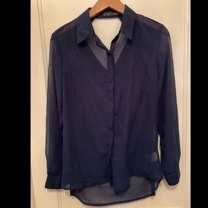 Sheer Navy Blue Button Up Blouse W/Back Cutout